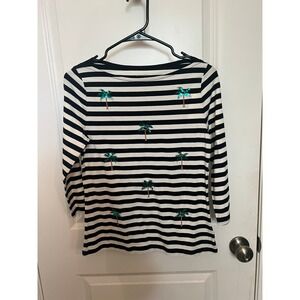 Women's A NEW DAY Striped Sequin Palm Tree Boatneck 3/4 Sleeve Shirt SMALL